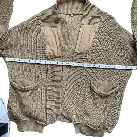 Tan Knit Open Front Long Sleeve Pocketed Slouchy Cardigan Size Medium - Picture 7 of 15
